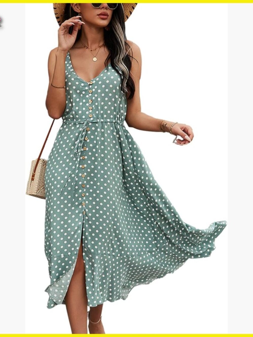 Boho Sundress Polka Dot Spaghetti Strap V Neck Flowy Midi Dress Casual Summer